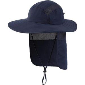 Mens UPF 50+ Sun Protection Cap Wide Brim Fishing Hat with Neck Flap Navy Blue